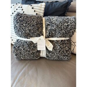 Pottery Barn Faux Fur Throw Blanket Charcoal Gray Cream Black 50x60 Decor Luxury